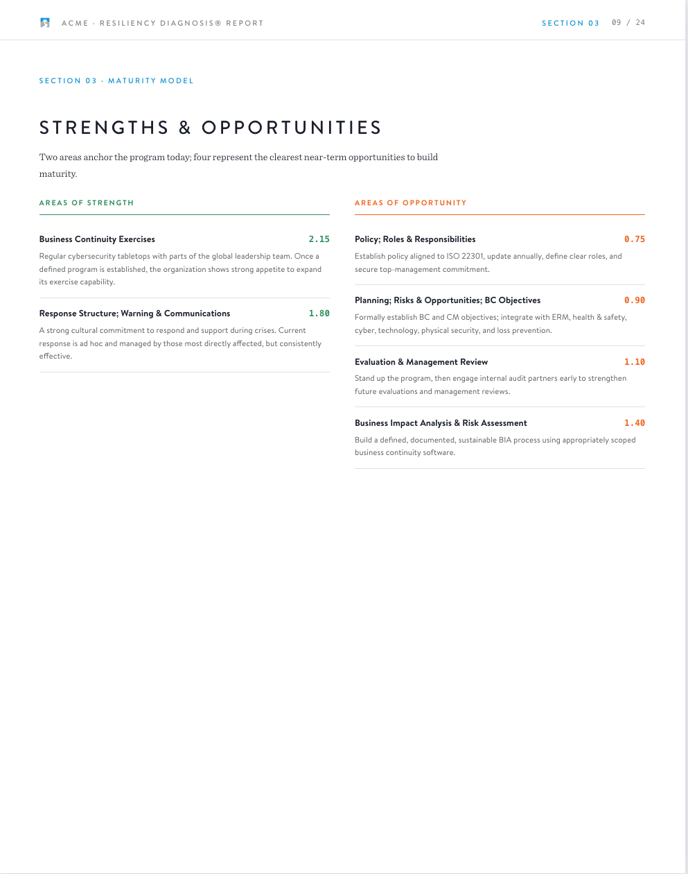 Resiliency Diagnosis sample report — strengths and opportunities